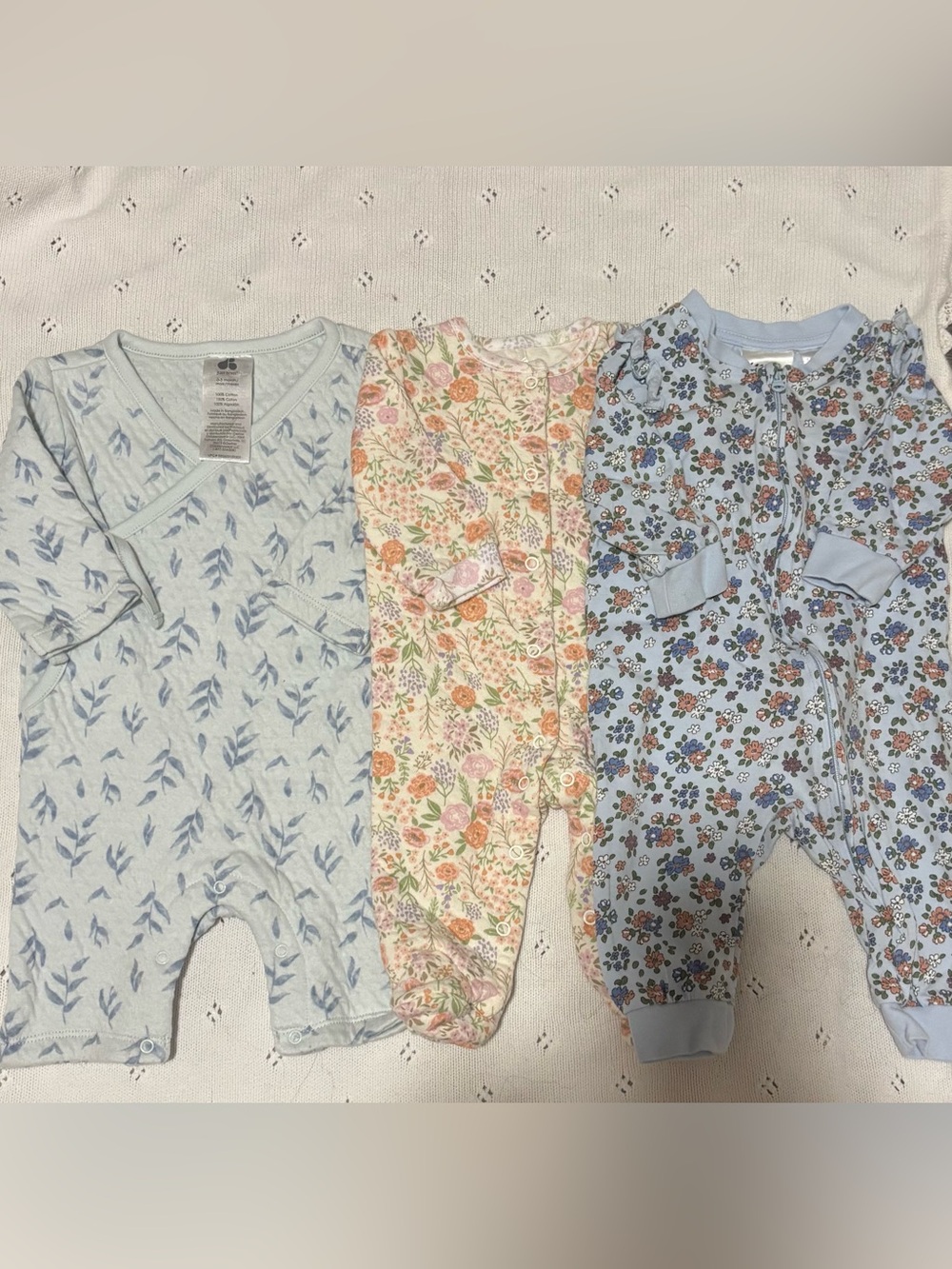 3-Pack Floral & Leaf Baby One-Piece Sleepers - Blue & Cream